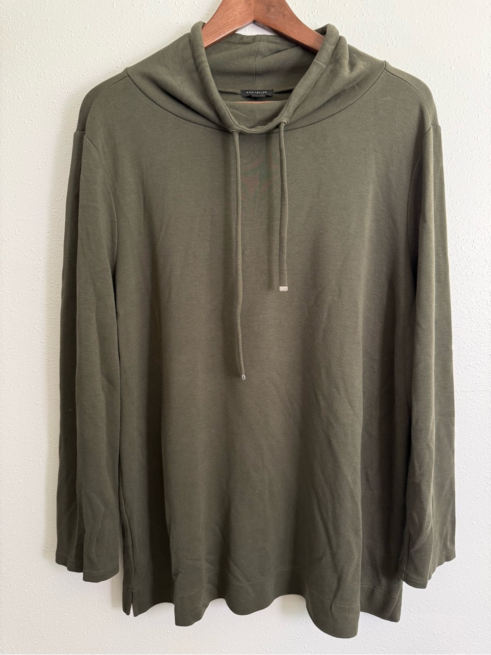 Ann Taylor Olive Green Cowl Neck Tunic Top Large Stretch Rayon